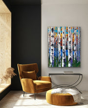 Colorful fall birch tree painting by award winning artist Sharon West
