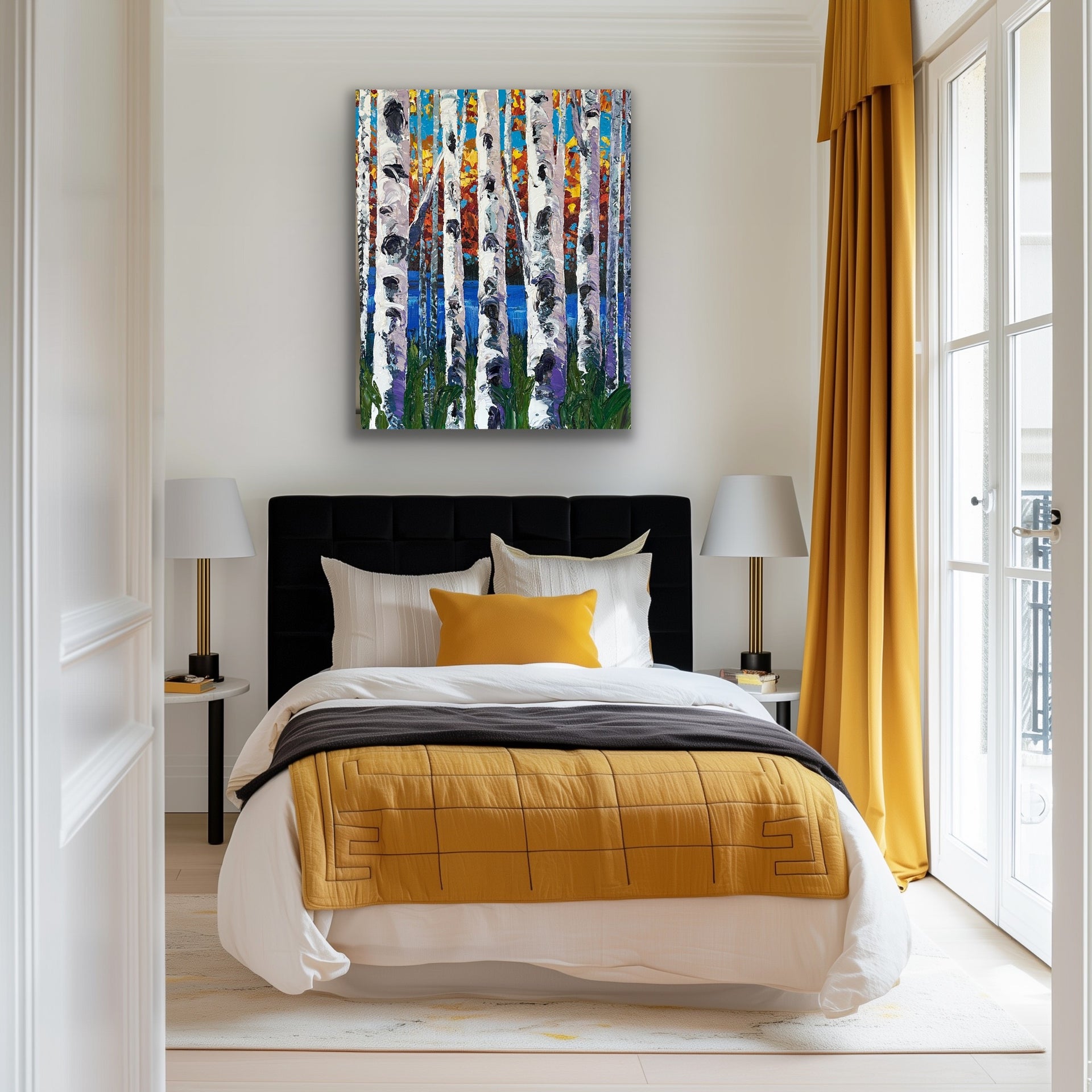 Colorful fall birch tree painting by award winning artist Sharon West