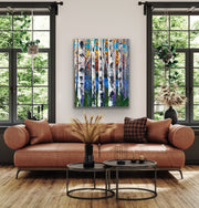 Colorful fall birch tree painting by award winning artist Sharon West