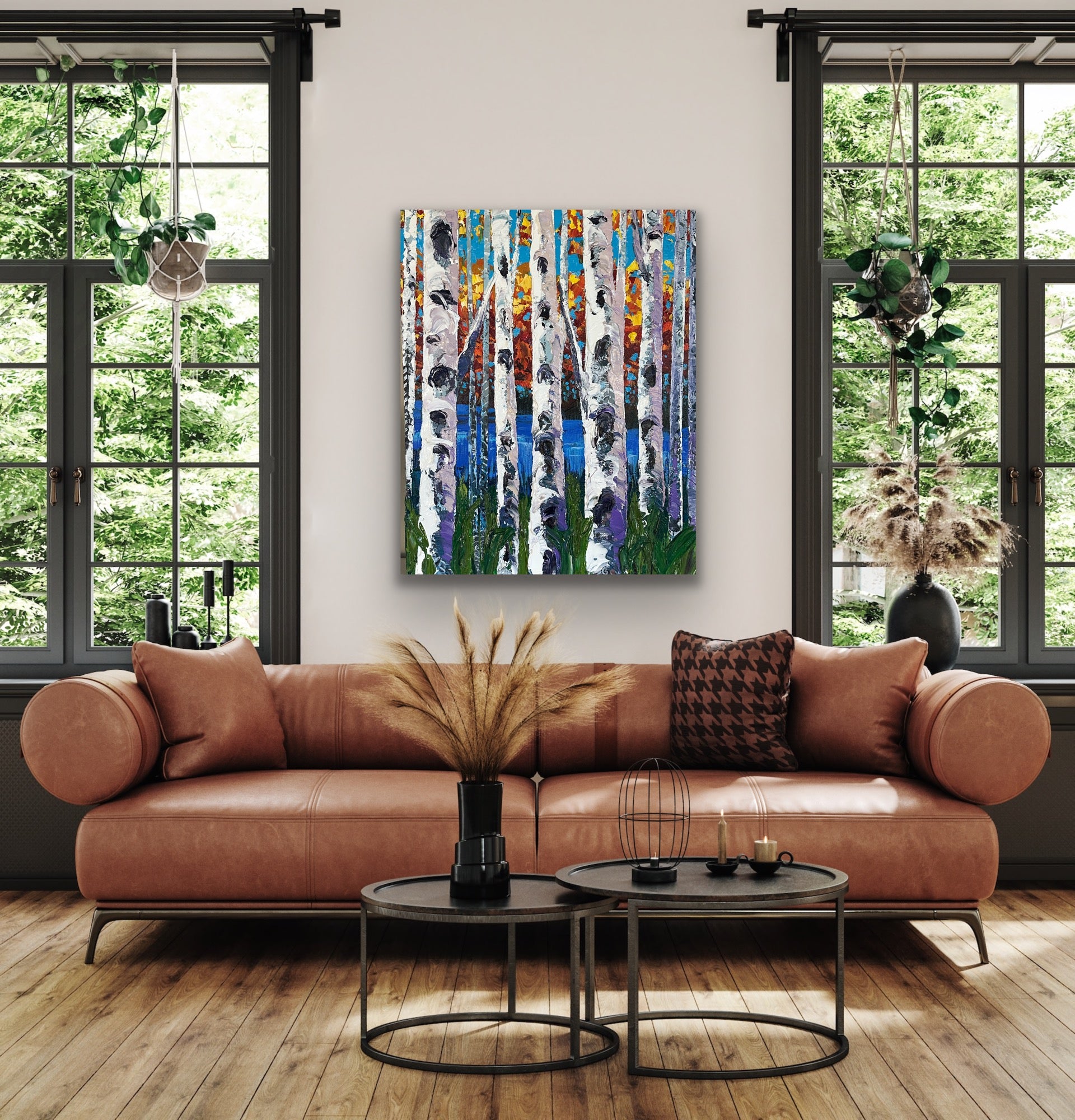 Colorful fall birch tree painting by award winning artist Sharon West