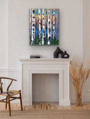 Colorful fall birch tree painting by award winning artist Sharon West