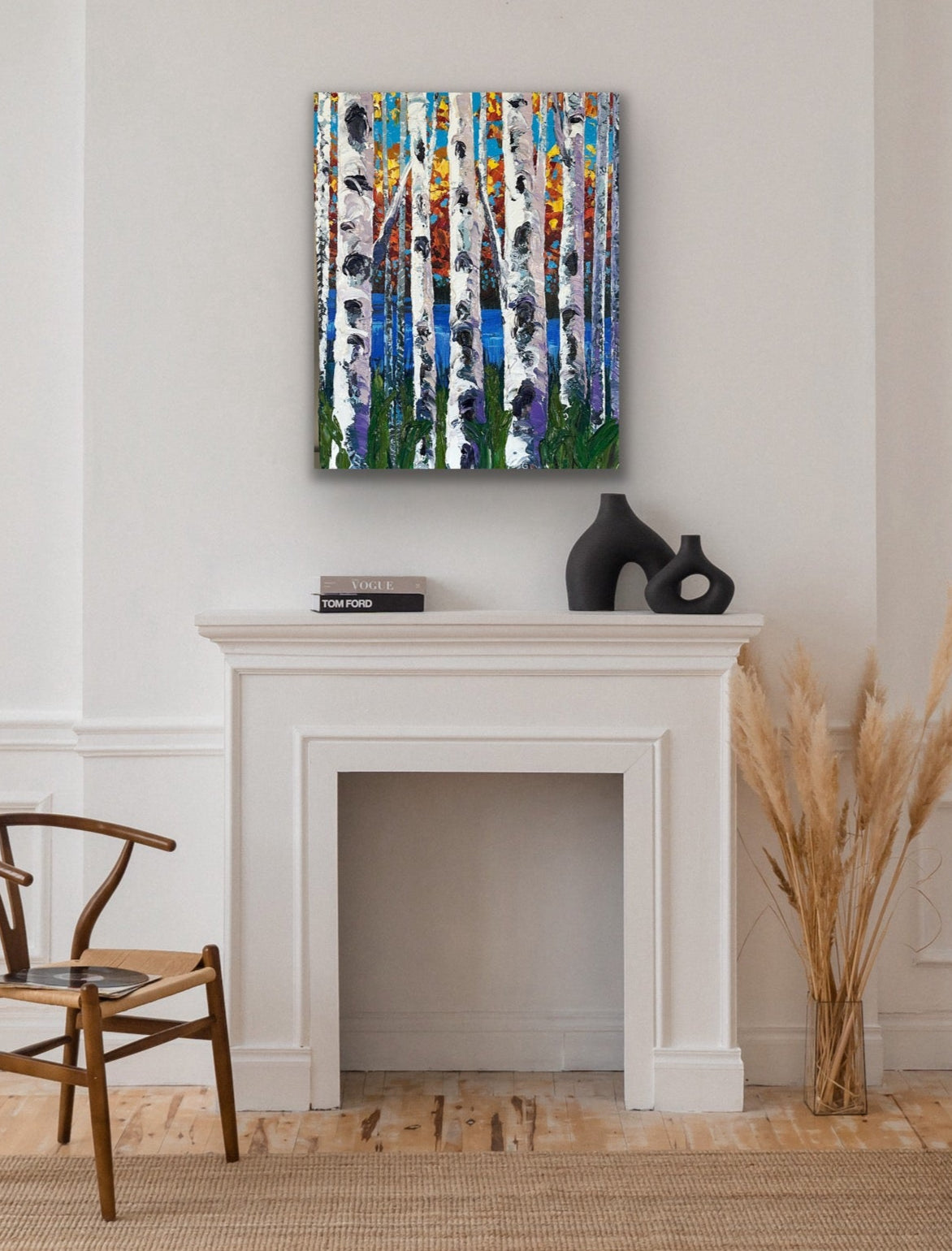 Colorful fall birch tree painting by award winning artist Sharon West