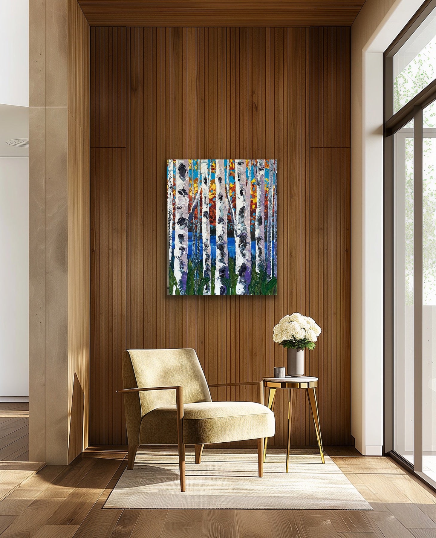 Colorful fall birch tree painting by award winning artist Sharon West