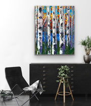 Colorful fall birch tree painting by award winning artist Sharon West