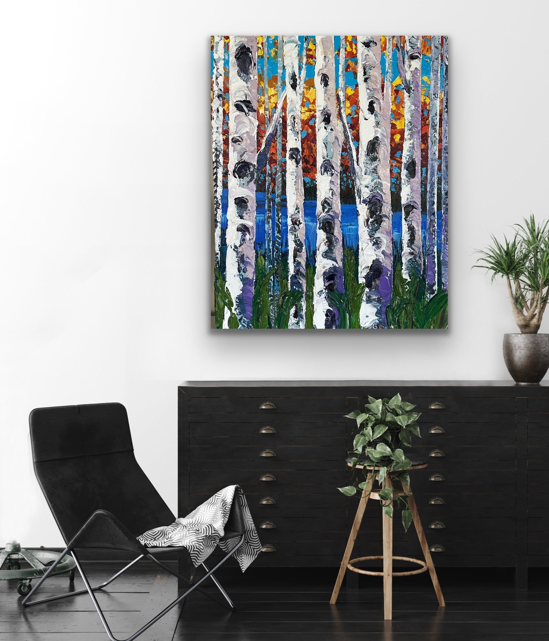 Colorful fall birch tree painting by award winning artist Sharon West