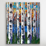 Colorful fall birch tree painting by award winning artist Sharon West