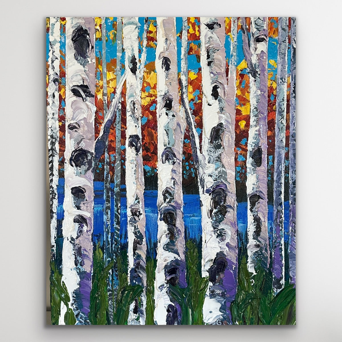 Colorful fall birch tree painting by award winning artist Sharon West