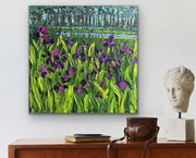 Thickly textured impasto painting of purple irises original artwork by Sharon West