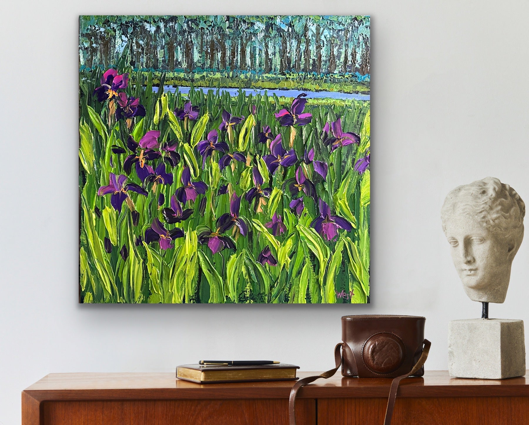 Thickly textured impasto painting of purple irises original artwork by Sharon West