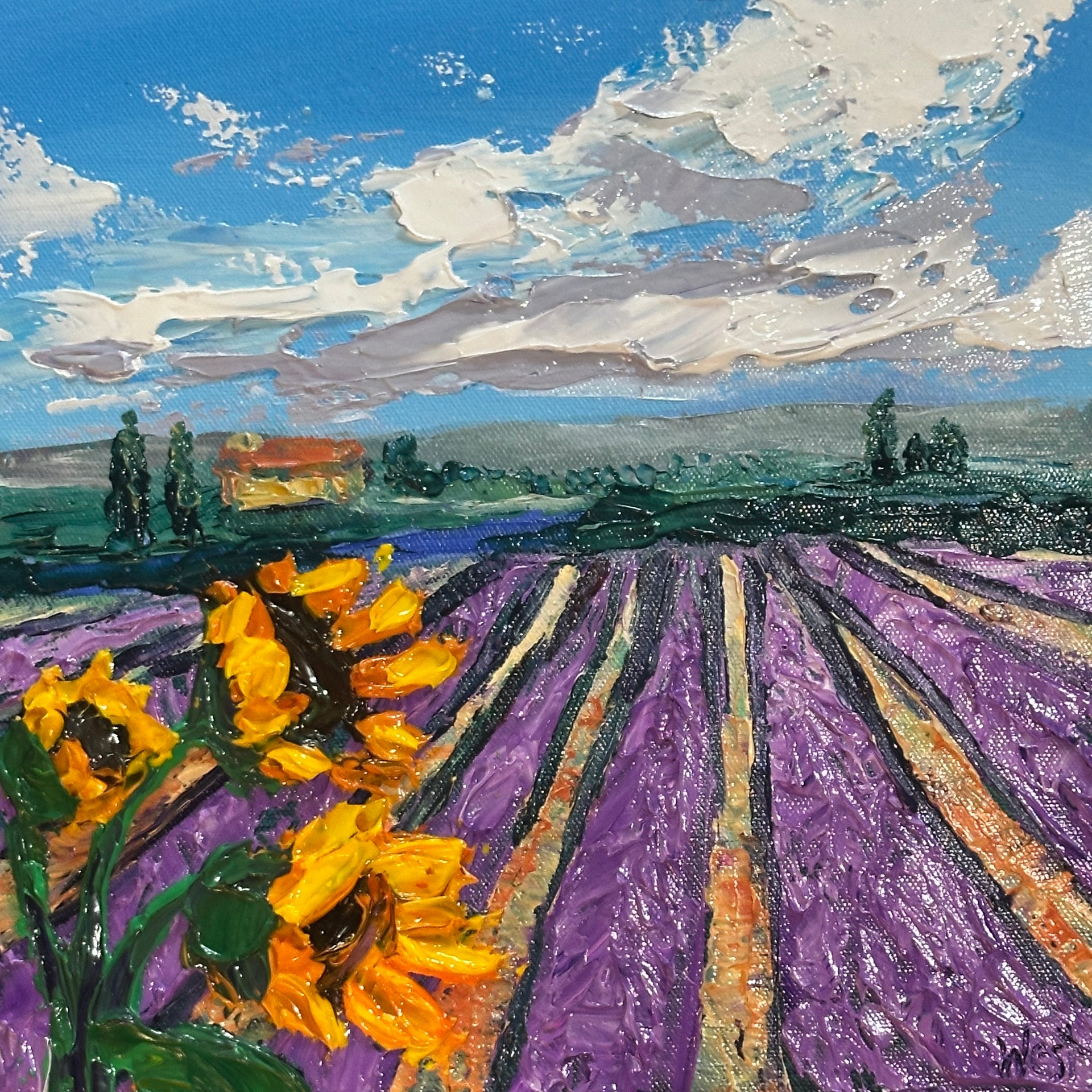 Painting of sunflowers and lavender field with a blue sky and white clouds.