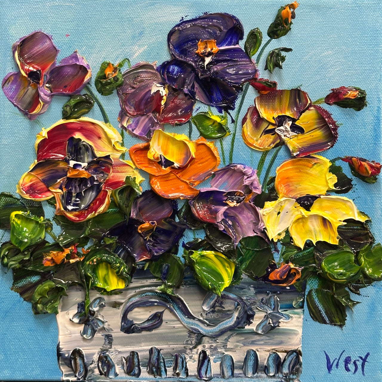 Original impasto palette knife painting of a pot of colorful pansies
