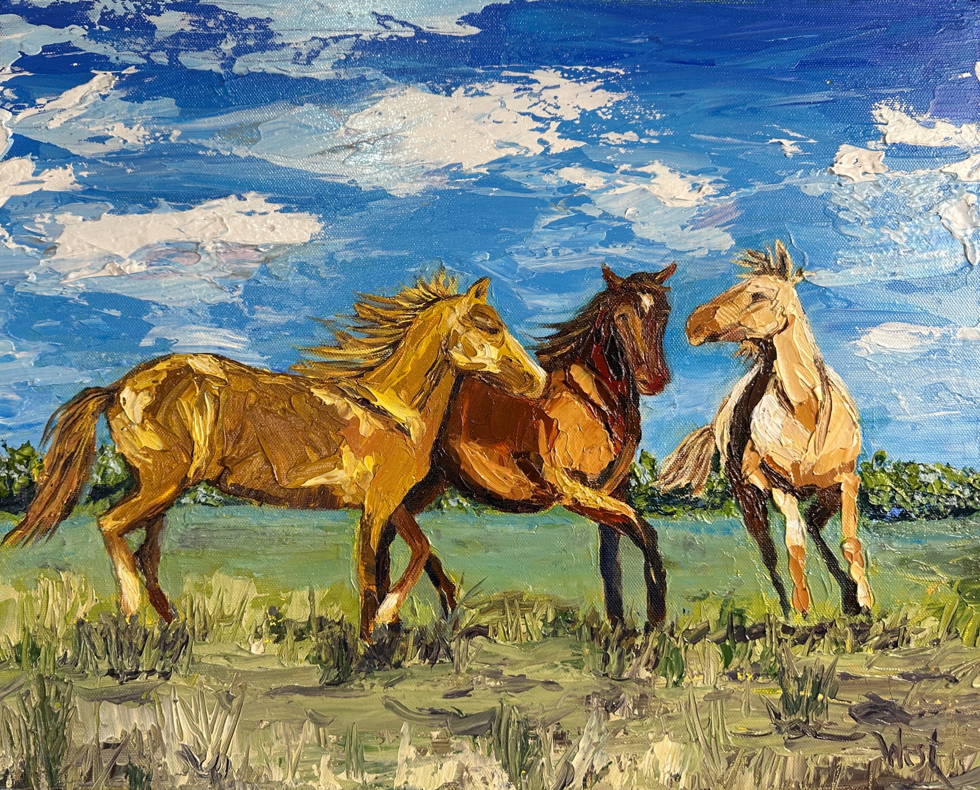 Palette knife painting of horses in motion, original art by Sharon West
