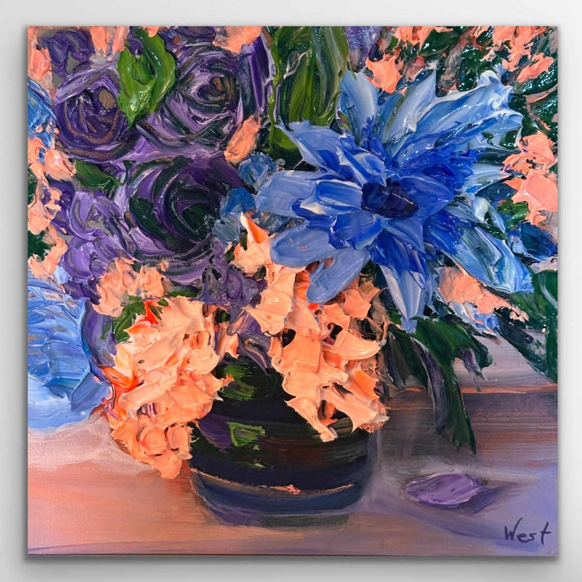 Colorful floral palette knife painting with blue, purple, and orange flowers in a vase.