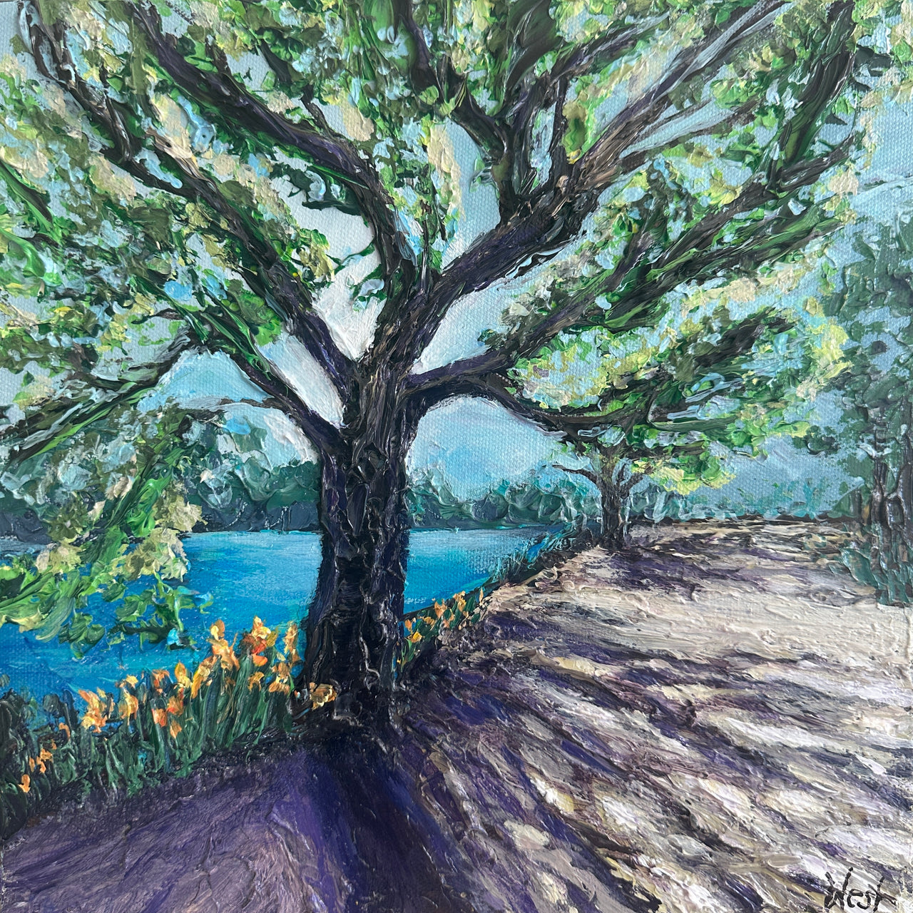 Pailette knife painting of a tree by a lake with a path leading through the foliage.