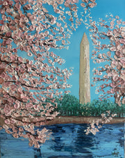 Impasto palette knife painting of cherry blossoms and the Washington Monument with a blue sky.