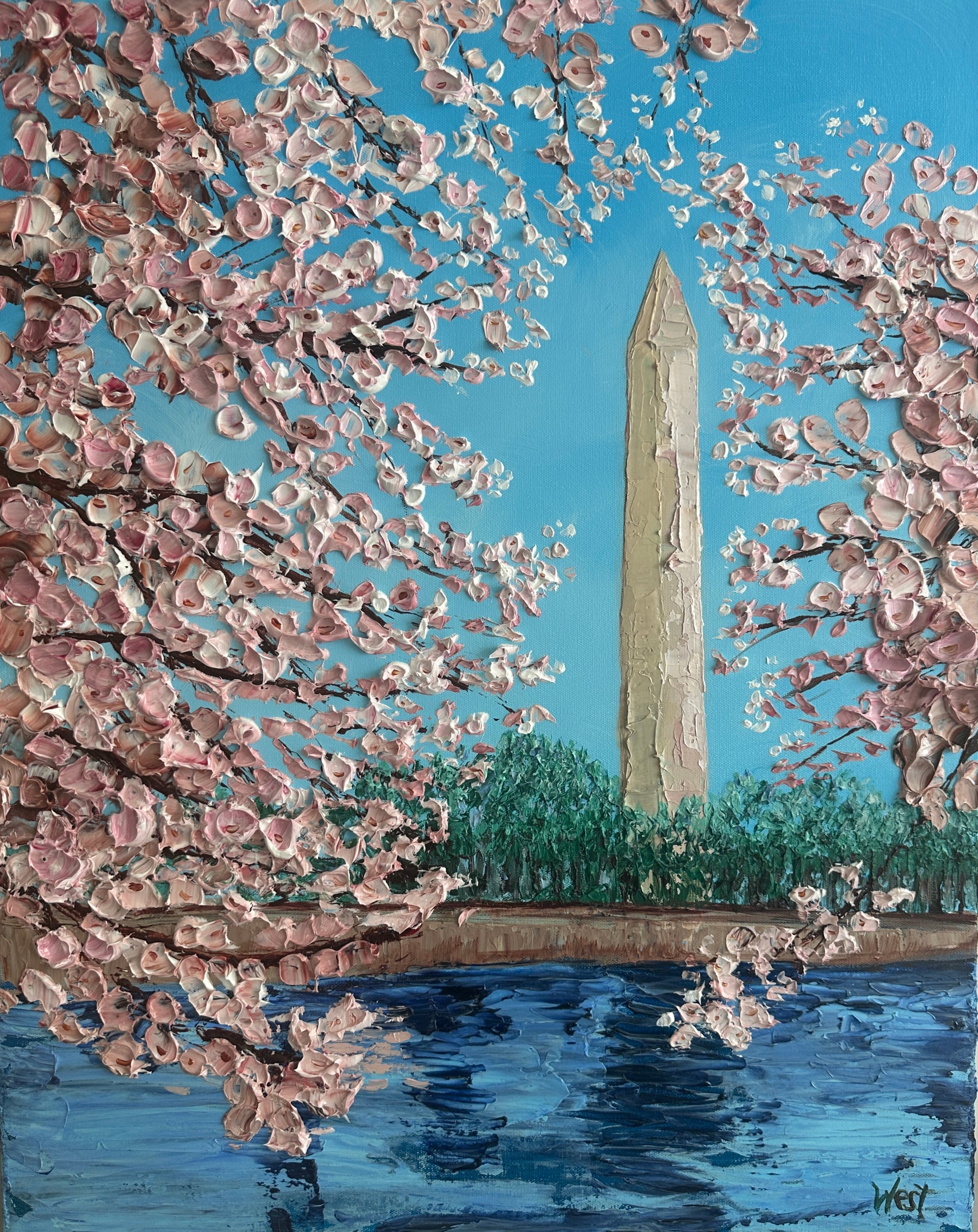 Impasto palette knife painting of cherry blossoms and the Washington Monument with a blue sky.