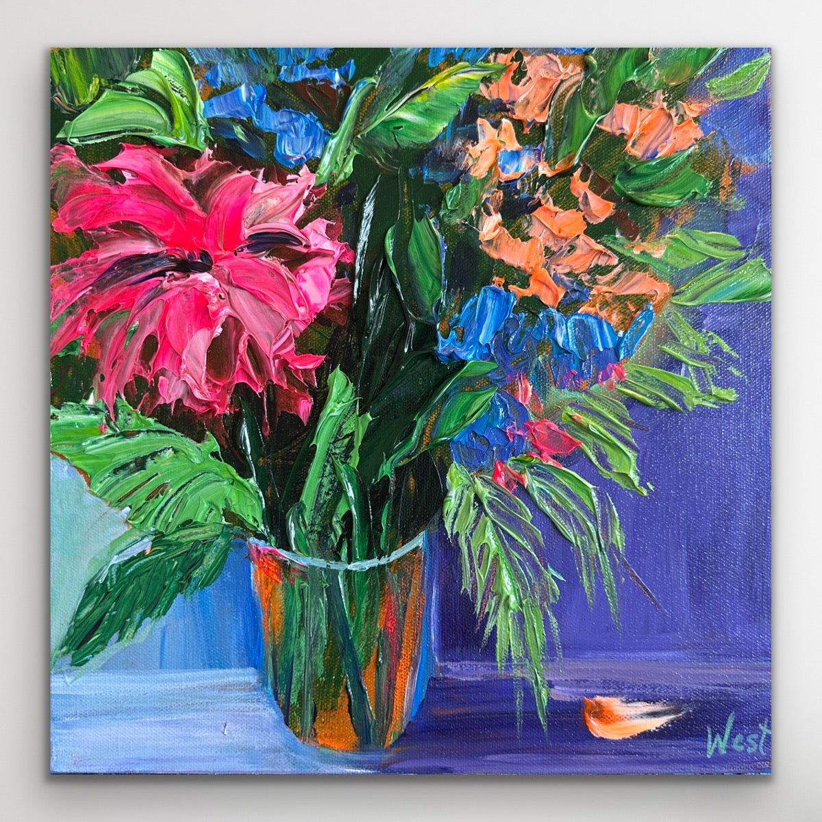 Colorful impasto palette knife painting of flowers in a vase on a white background