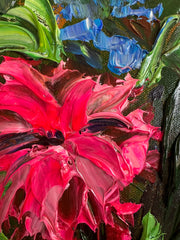 Close-up of a palette knife impasto painting of a  pink flower with green leaves on a textured background