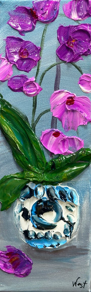 Artistic depiction of purple orchids with green leaves on a textured surface.