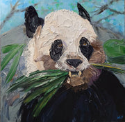 Painting of a panda bear holding leaves with a natural background