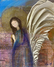 Artistic depiction of an angel with wings against a textured background