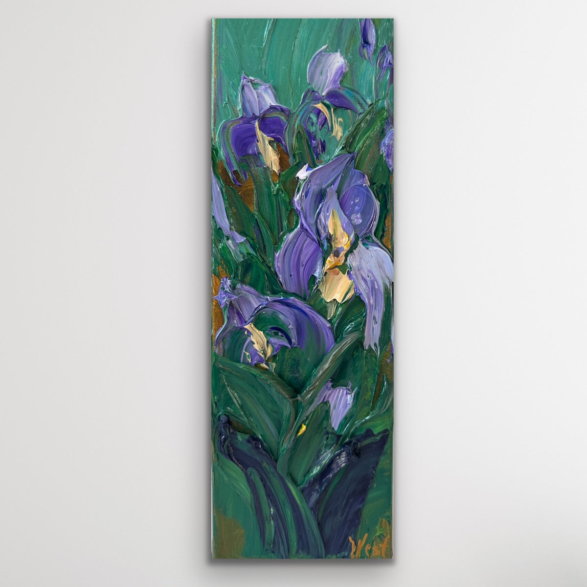 Palette knife painting of purple flowers with green leaves on a white background