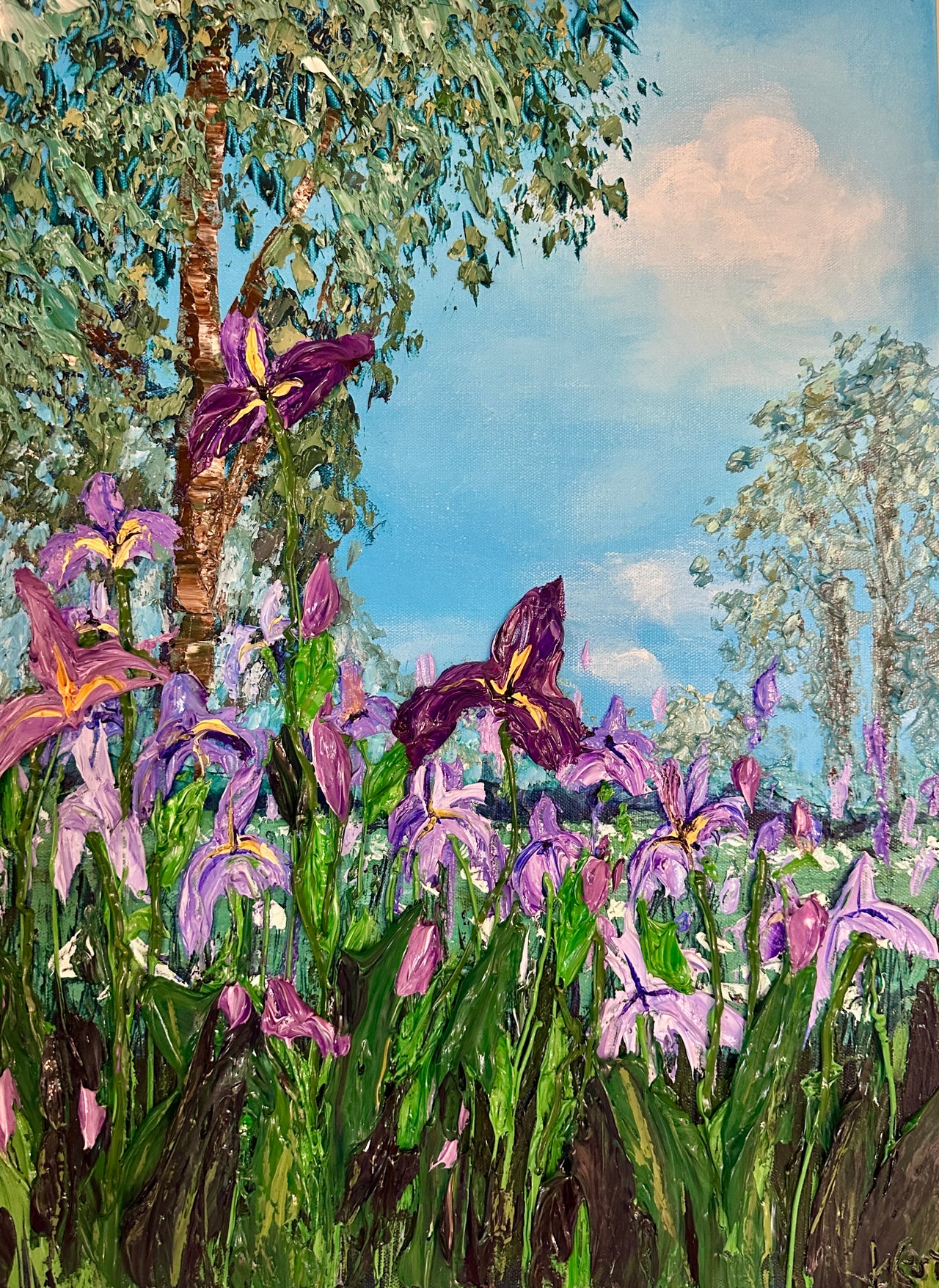Painting of purple irises in a garden setting with trees and sky.