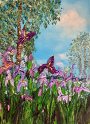 Painting of purple irises in a garden setting with trees and sky.