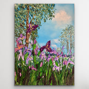 Painting of purple irises  with a blue sky and green trees.