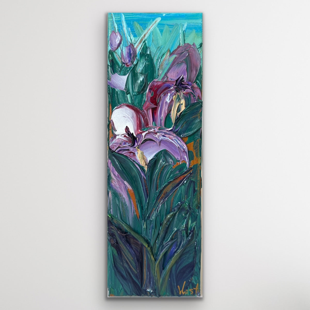 Palette knife impasto ainting of purple flowers with green leaves on a white background
