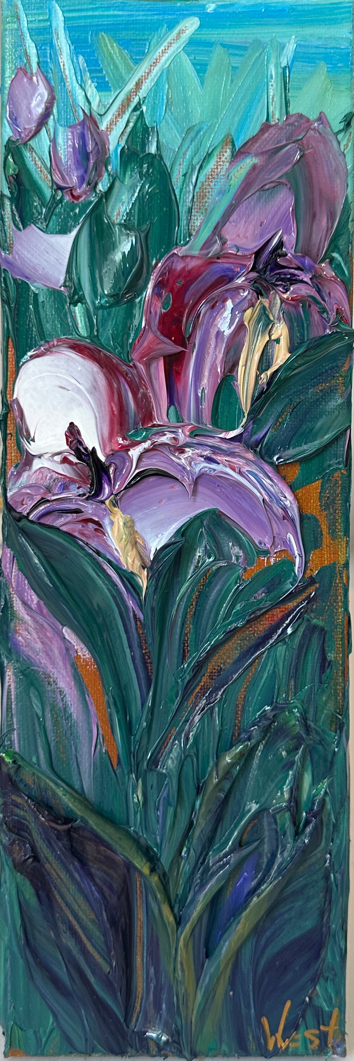 Artistic depiction of purple flowers with green leaves on a textured background