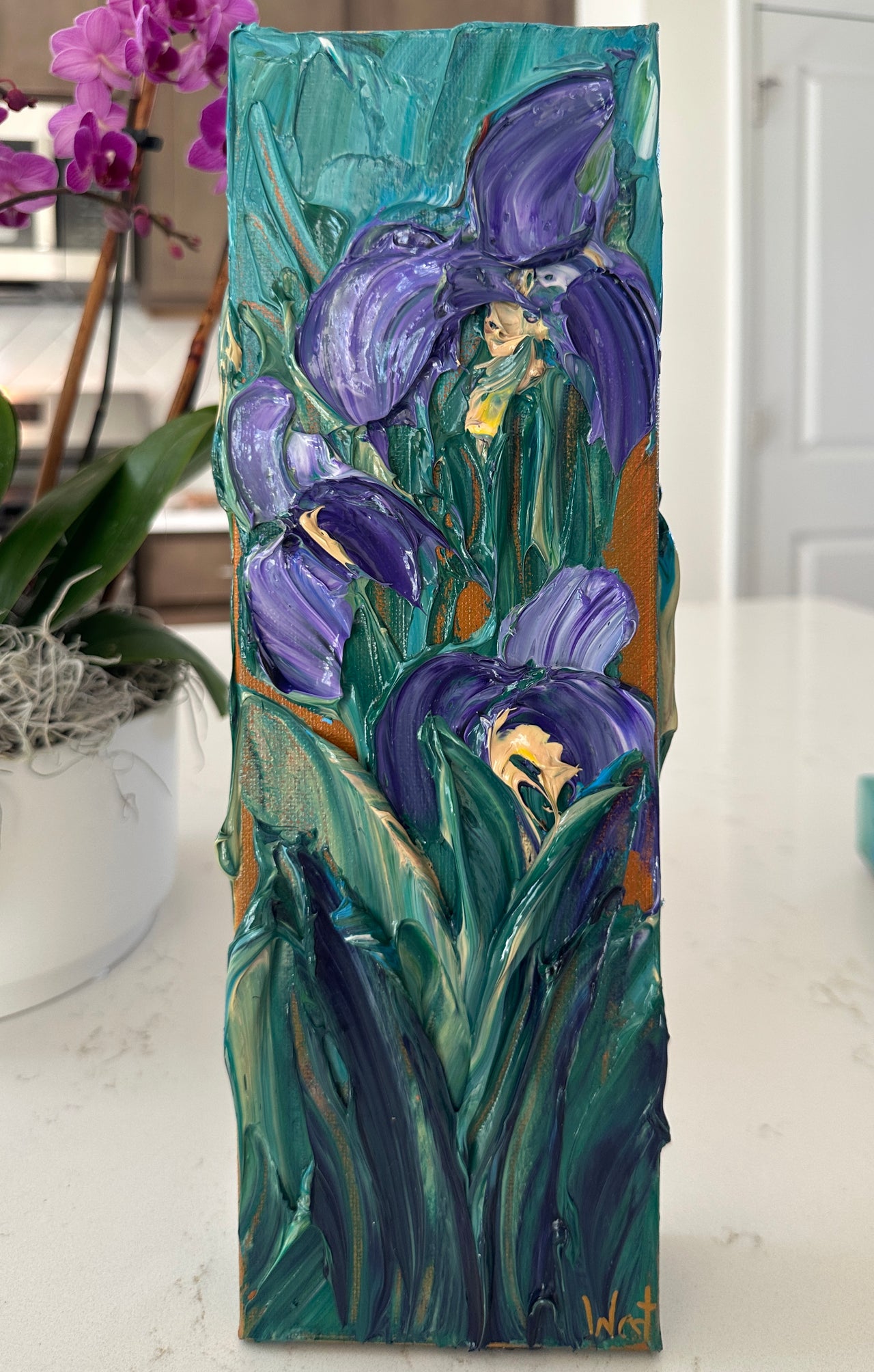 Impasto palette knife painting of purple irises