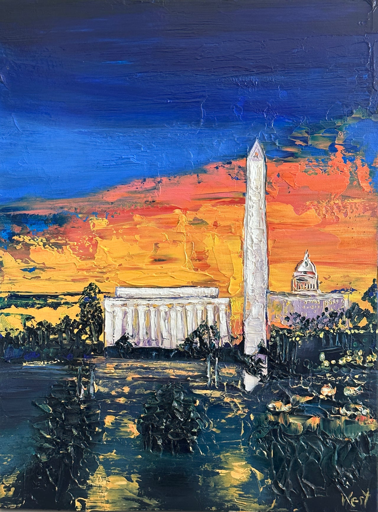Impasto palette knife painting of the Washington Monument and Lincoln Memorial with a colorful sky.