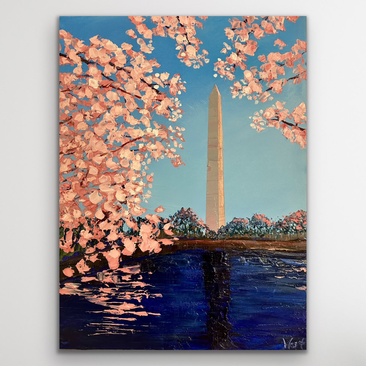 Painting of the Washington Monument with cherry blossoms in the foreground