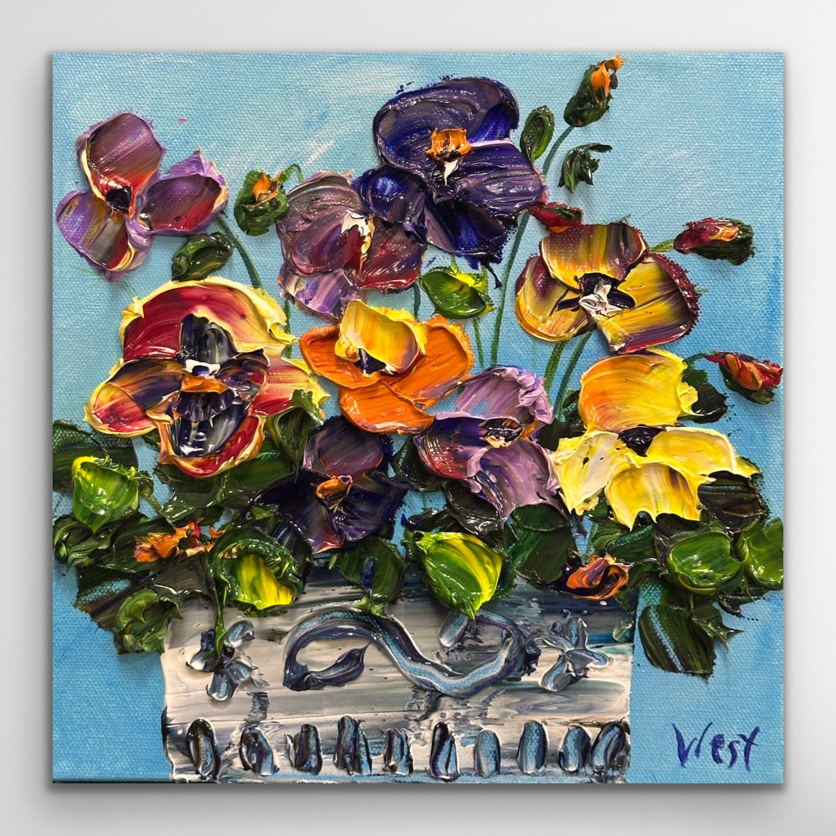 Original impasto palette knife painting of a pot of colorful pansies