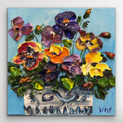 Original impasto palette knife painting of a pot of colorful pansies