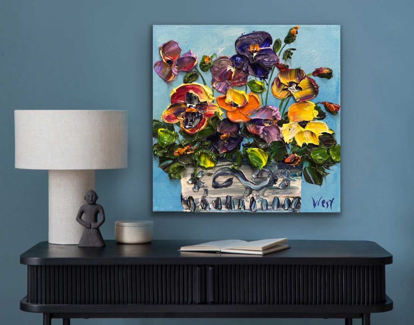 Original impasto palette knife painting of a pot of colorful pansies
