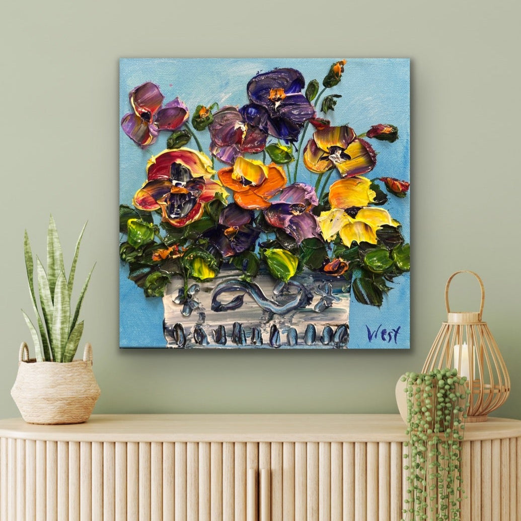 Original impasto palette knife painting of a pot of colorful pansies