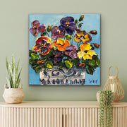 Original impasto palette knife painting of a pot of colorful pansies