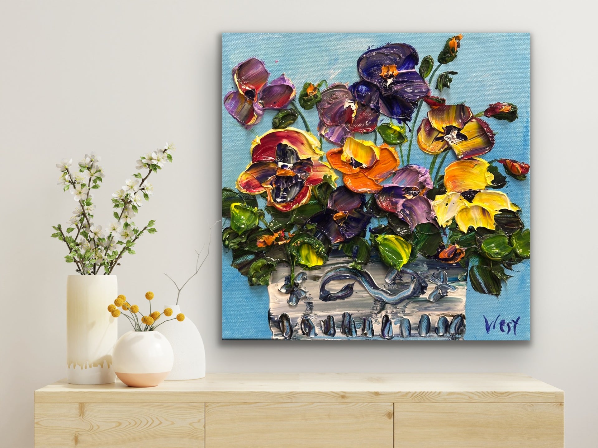 Original impasto palette knife painting of a pot of colorful pansies