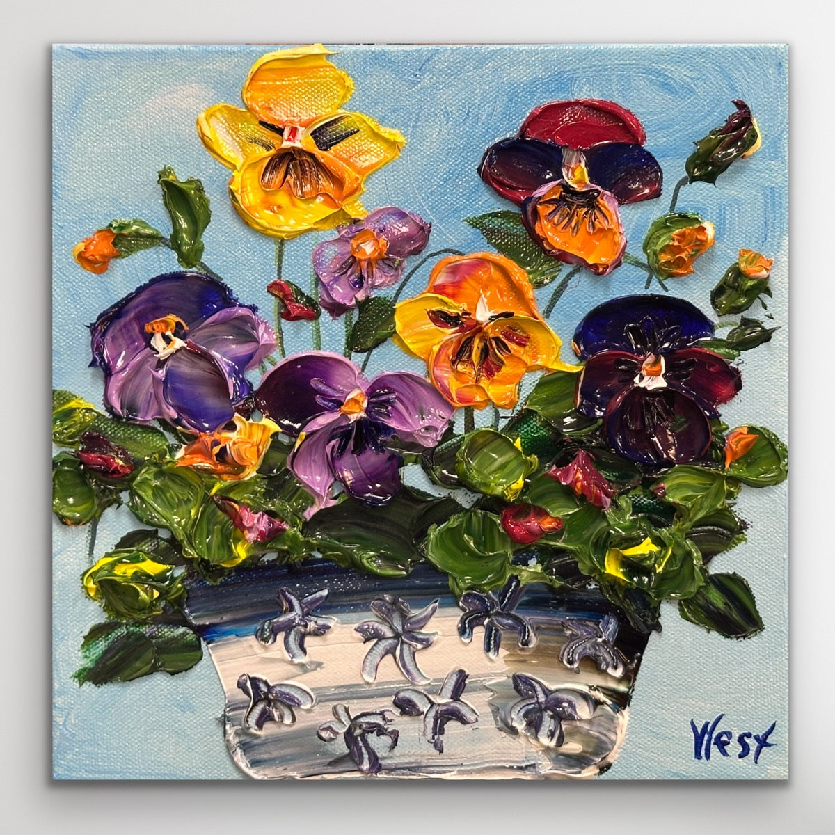 Impasto Palette knife painting of pansies by award winning artist Sharon West