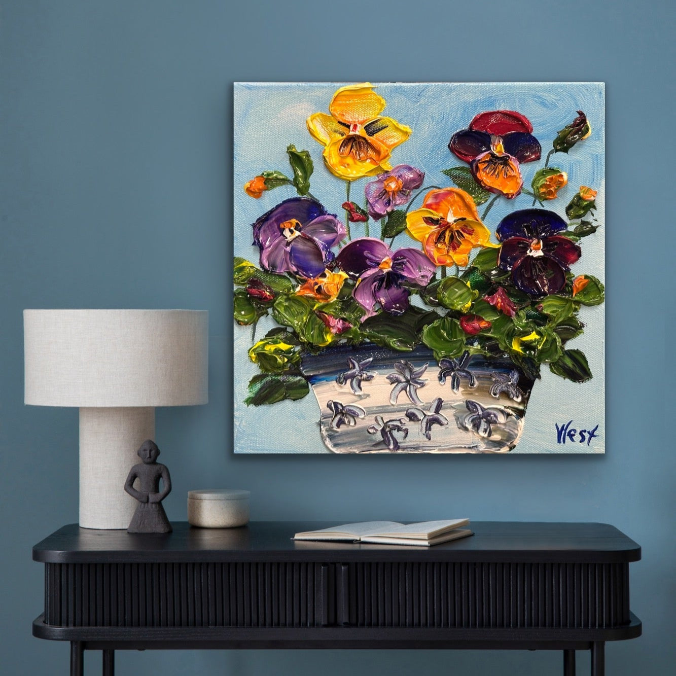 Impasto Palette knife painting of pansies by award winning artist Sharon West