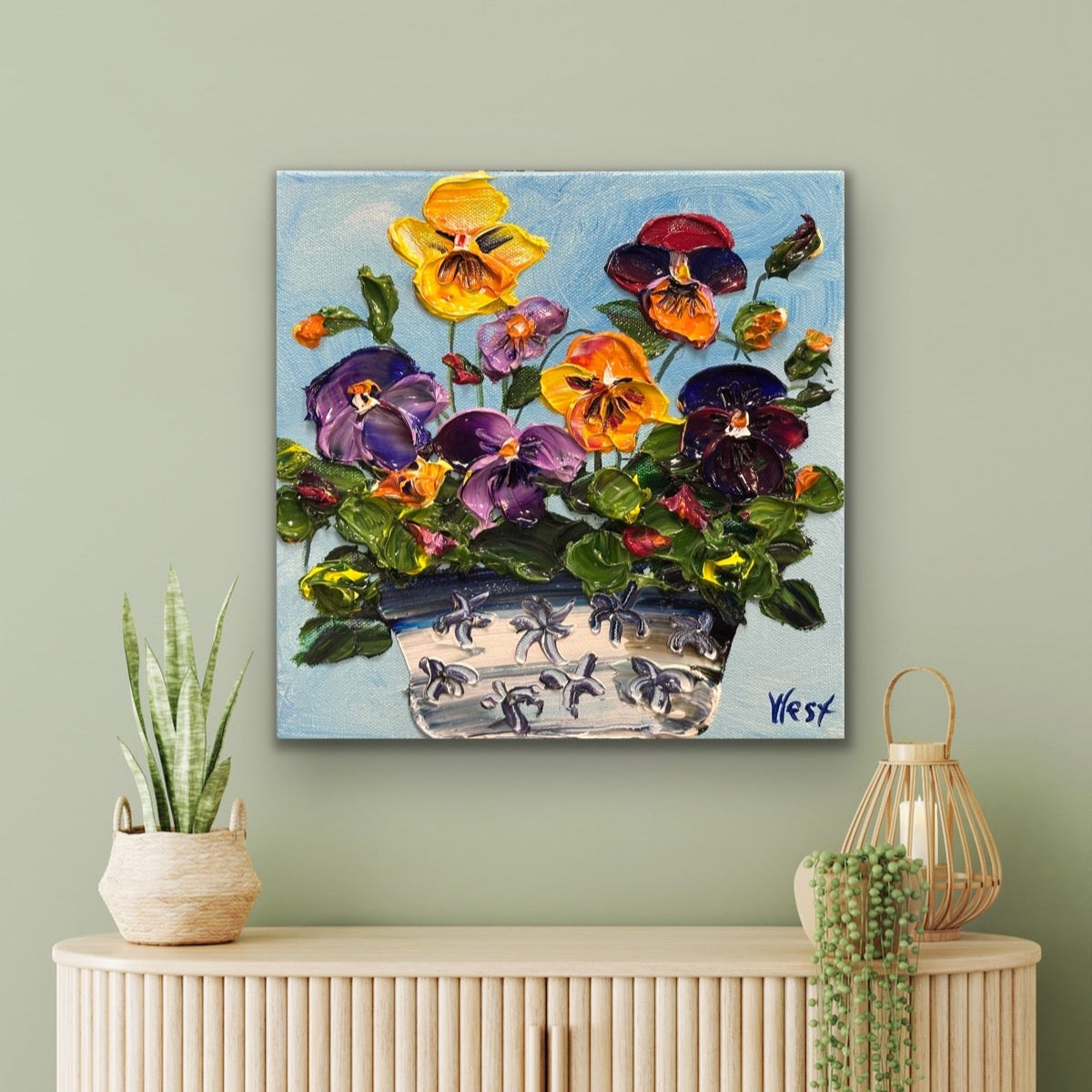 Impasto Palette knife painting of pansies by award winning artist Sharon West