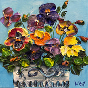 Original impasto palette knife painting of a pot of colorful pansies