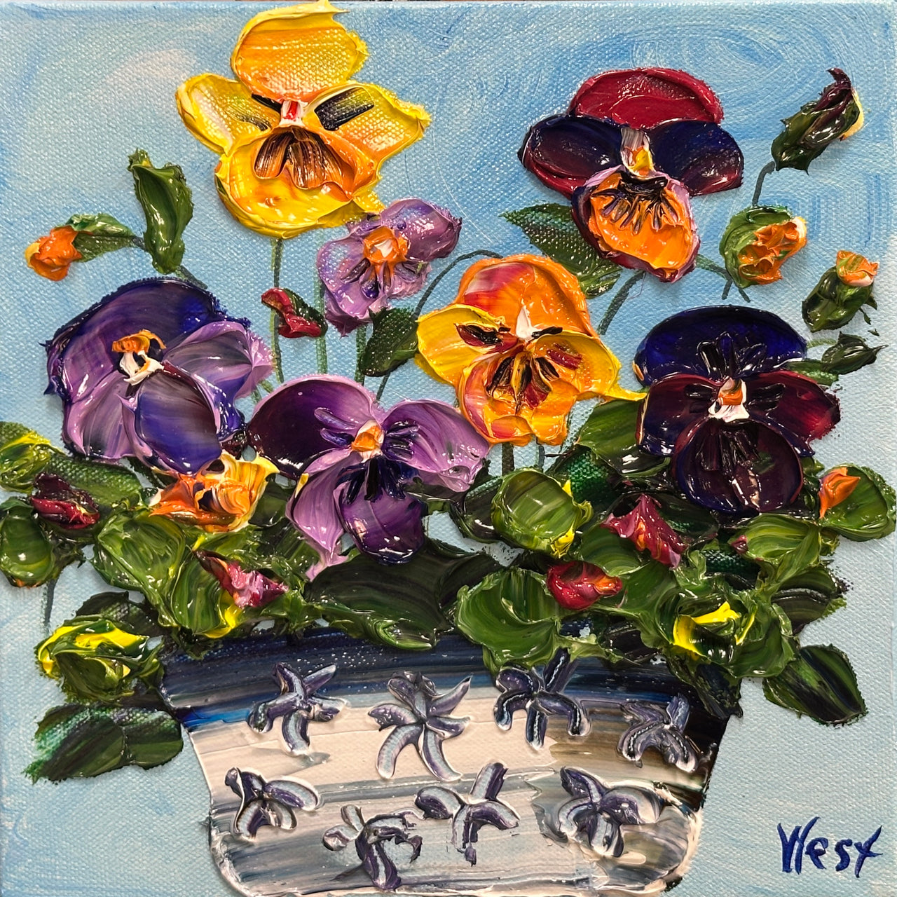 Impasto Palette knife painting of pansies by award winning artist Sharon West