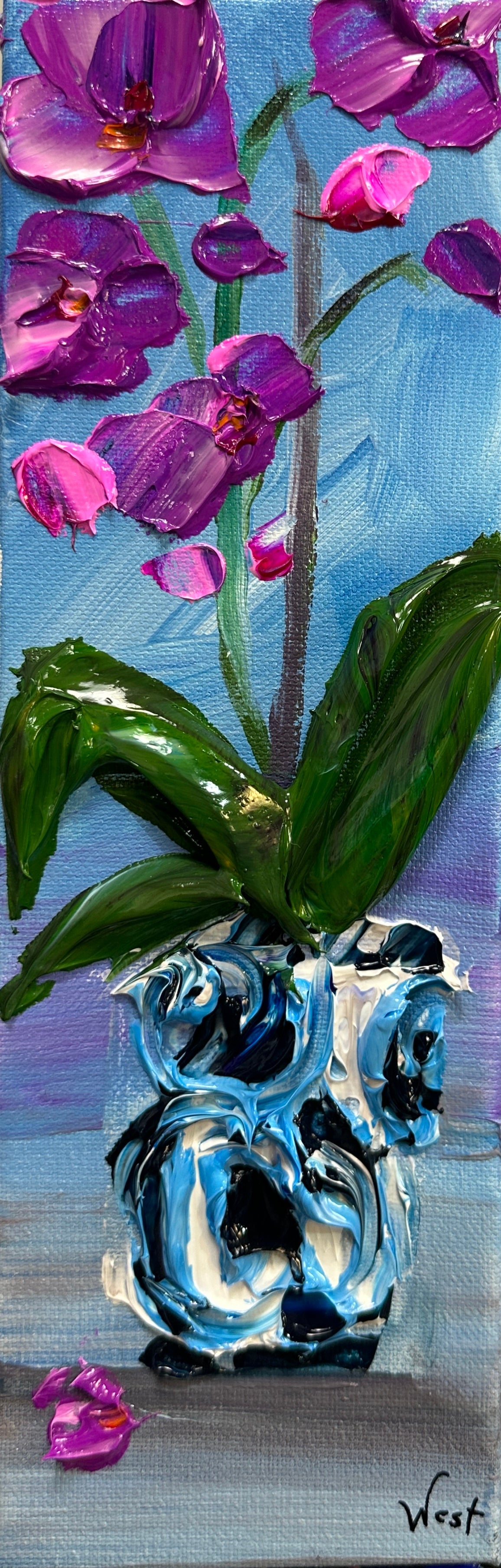 Hot pink orchids painted with a palette knife in impasto style
