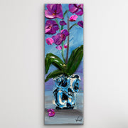 Painting of hot pink orchids in a blue vase on a white background
