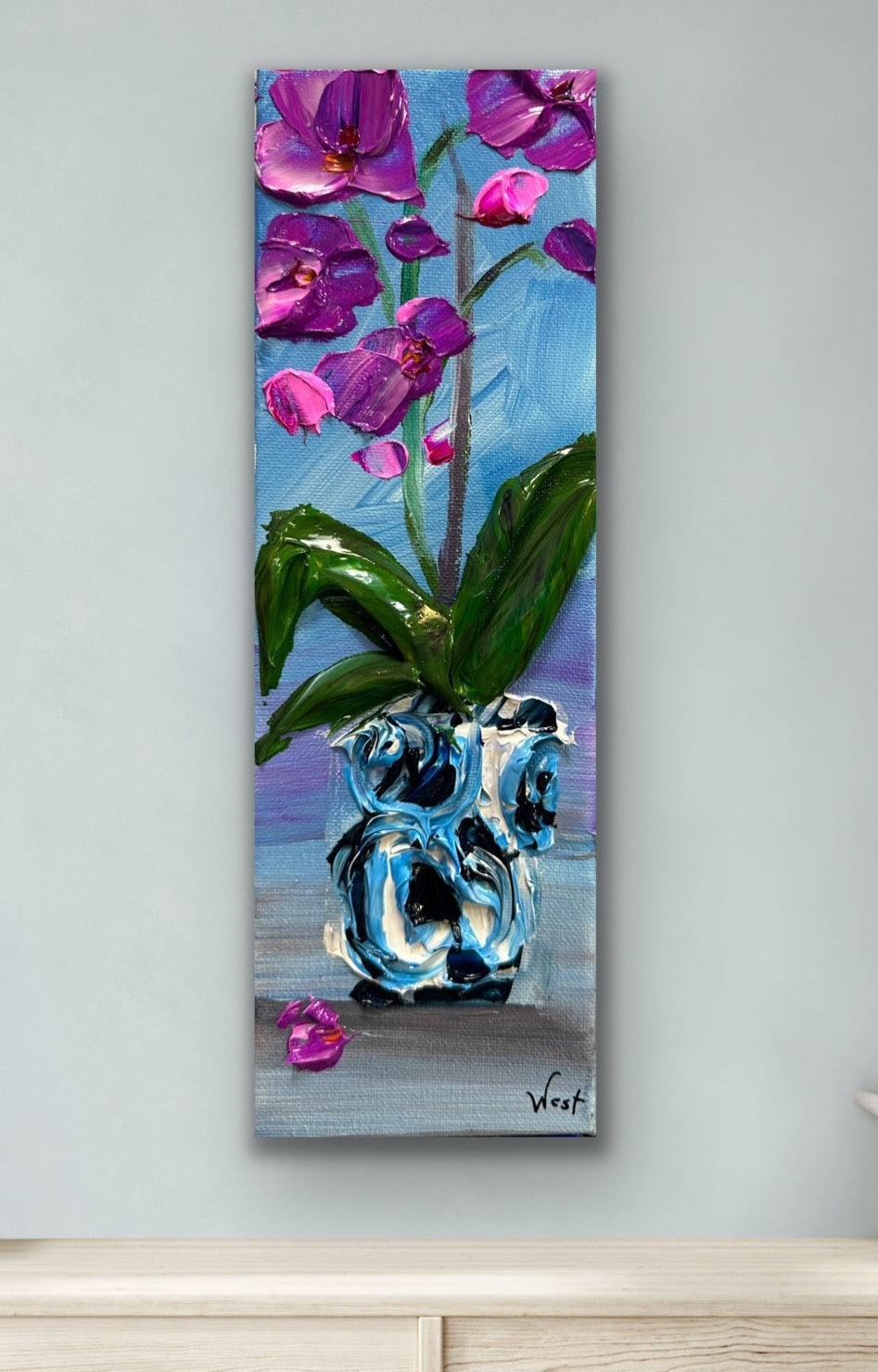 Hot pink orchids painted with a palette knife in impasto style