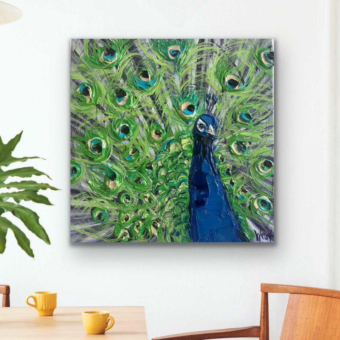Painting of a peacock with vibrant green feathers and a blue head on a white wall.