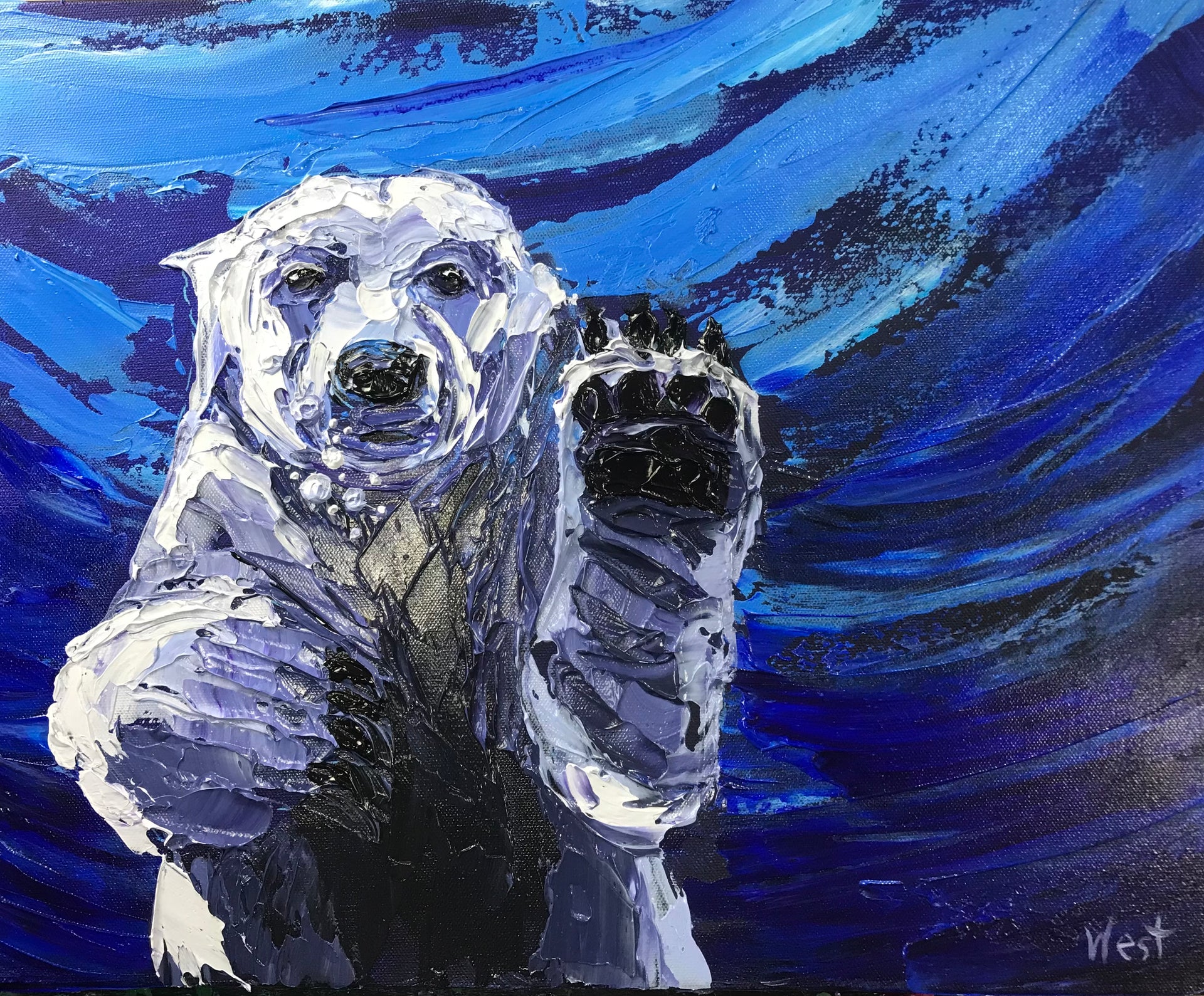 Painting of a polar bear with a blue background